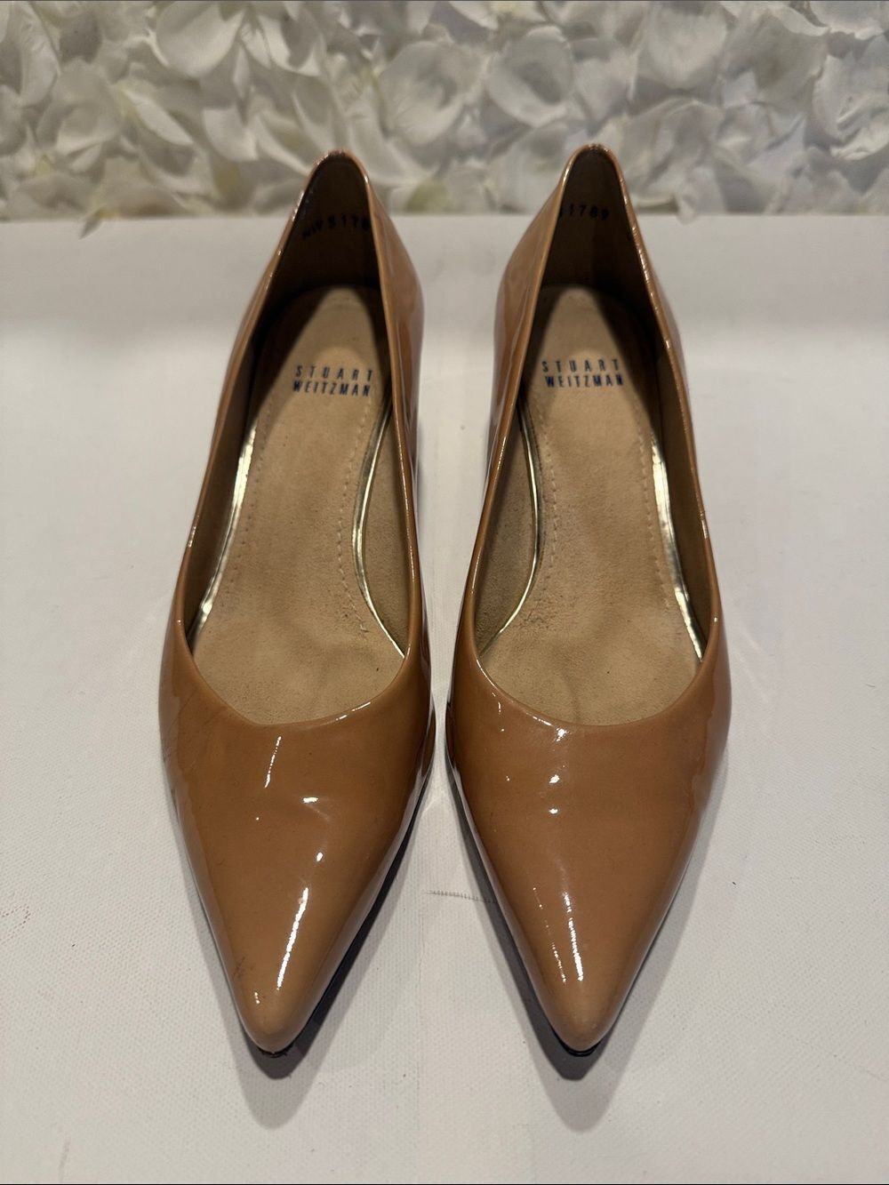 Stuart Weitzman Beige Patent Pointed-Toe Pumps